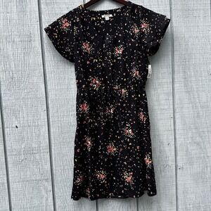 Goodthreads XS Black Floral Print Drawstring Waist Dress Flutter Sleeves‎ NWT